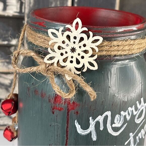 Hand-Painted Mason Jar, Merry Christmas, Tin Snowman, Snowflake, Bells, Green - Picture 3 of 4